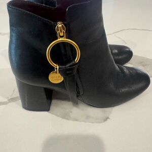 See By Chloe Black Ankle Boots with Gold Ring Detail